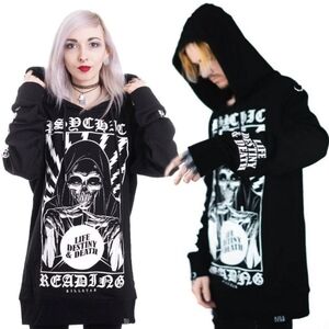 Killstar Psychic Pullover Hoodie – Black Cotton Jersey D-Ring Details Oversized